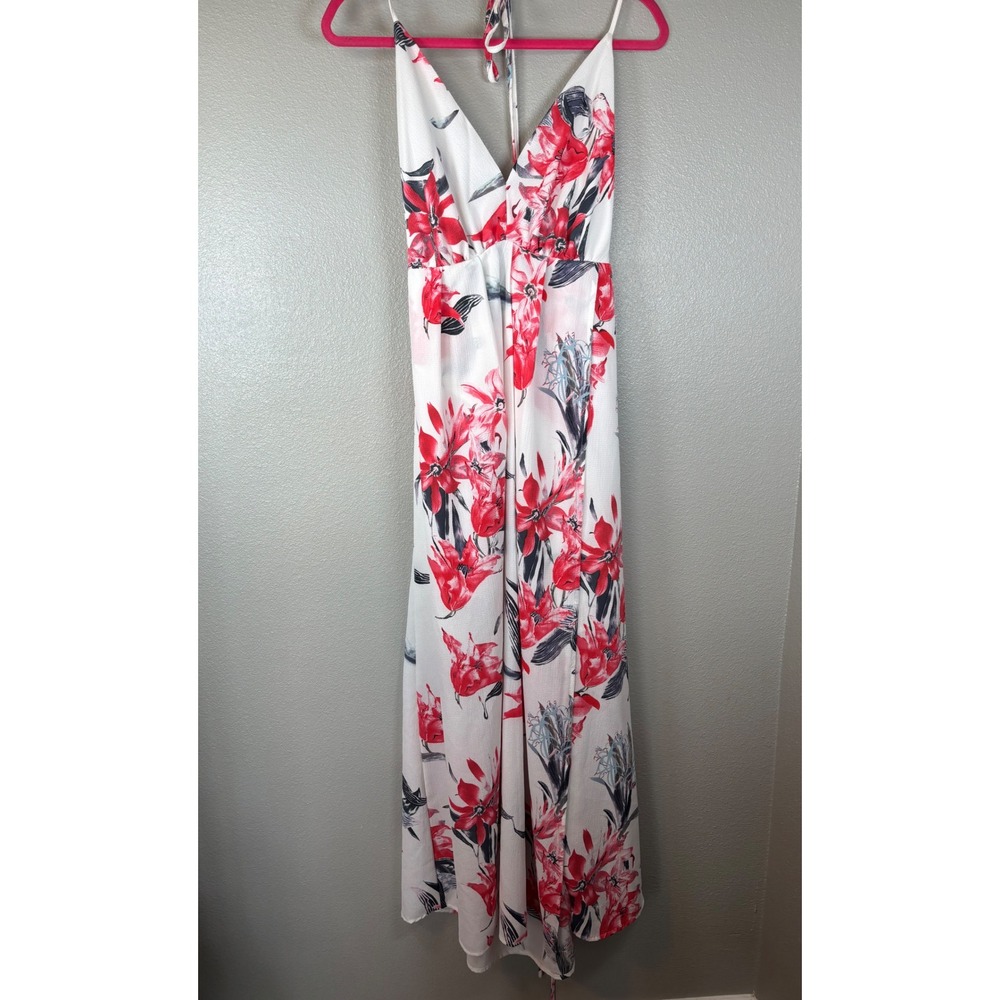 Women's Wedding Guest White Floral Halter‎ Maxi Dress Open Back Side Slit Size L